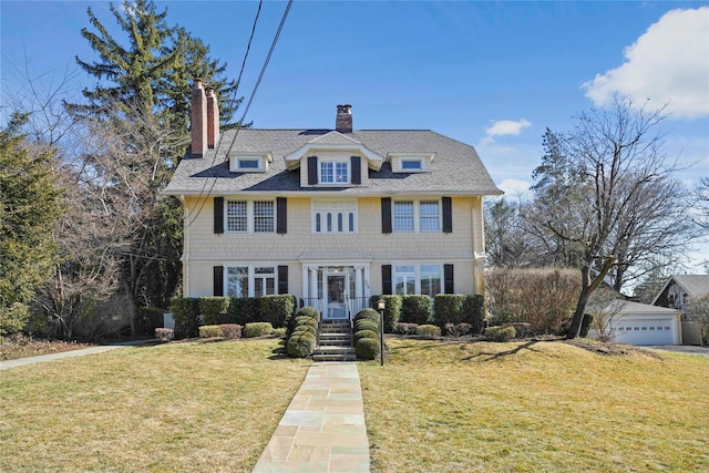 view of front of home featuring roof with shingles, a chimney, and a front yard