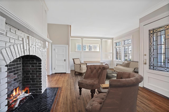 living room featuring ornamental molding, a fireplace, and wood finished floors