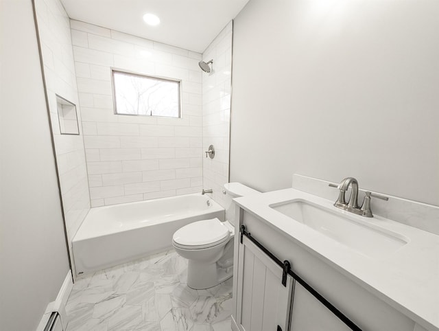 full bathroom featuring toilet, a baseboard heating unit, vanity, marble finish floor, and tub / shower combination