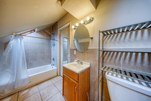 full bathroom featuring tile patterned flooring, toilet, vanity, tile walls, and shower / bath combination with curtain