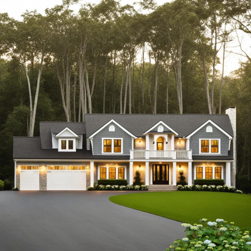 neoclassical / greek revival house with aphalt driveway, a chimney, french doors, a balcony, and a front lawn
