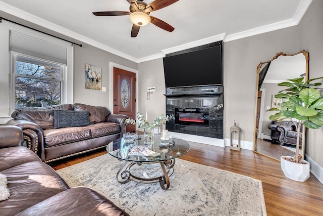 living area featuring ornamental molding, wood finished floors, baseboards, and a premium fireplace