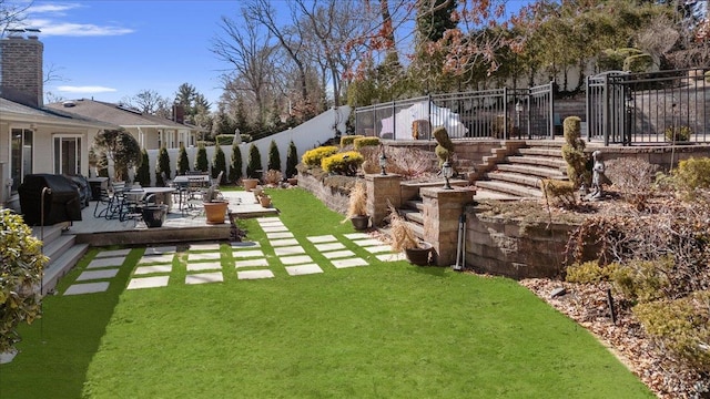 view of yard with a patio area and a fenced backyard