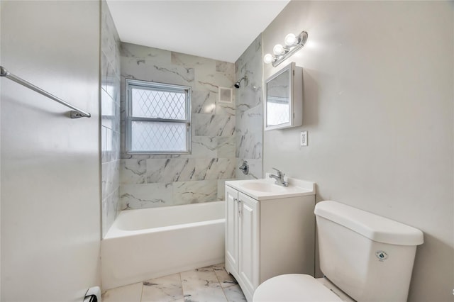 full bath with visible vents, toilet, marble finish floor, vanity, and washtub / shower combination