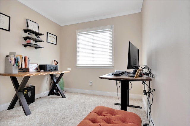 carpeted office featuring baseboards and ornamental molding