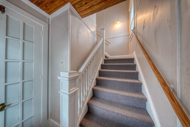 stairway featuring carpet floors and a decorative wall