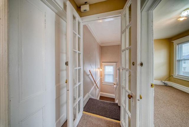 stairs featuring ornamental molding, french doors, carpet, and baseboards