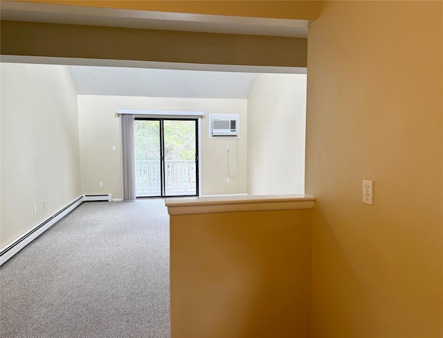 carpeted spare room with a baseboard radiator, beamed ceiling, baseboards, and a wall unit AC