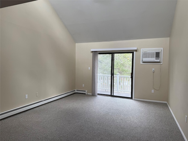 carpeted empty room with baseboard heating, a wall mounted AC, baseboards, and vaulted ceiling