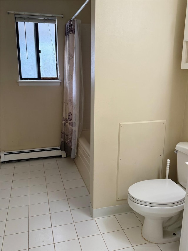 full bathroom featuring tile patterned floors, toilet, shower / bath combo, a baseboard radiator, and baseboards