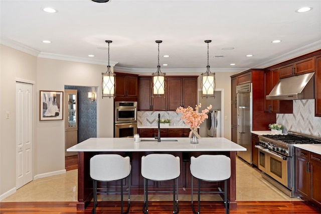 kitchen featuring high end appliances, light countertops, a sink, and under cabinet range hood