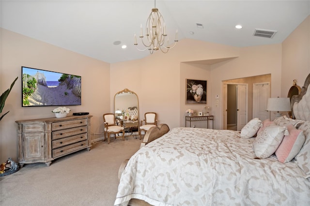 bedroom with light carpet, visible vents, vaulted ceiling, and a notable chandelier