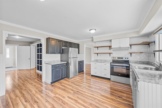 kitchen featuring open shelves, stainless steel appliances, crown molding, and a sink