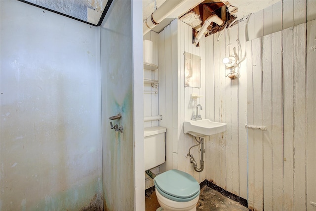 bathroom with a sink, toilet, and wood walls