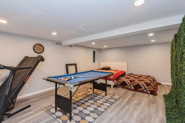 rec room with recessed lighting, pool table, light wood-style flooring, and baseboards