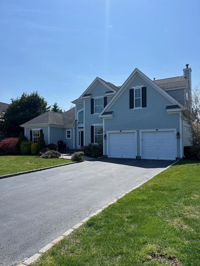 view of front of home with a garage, a chimney, a front lawn, and aphalt driveway