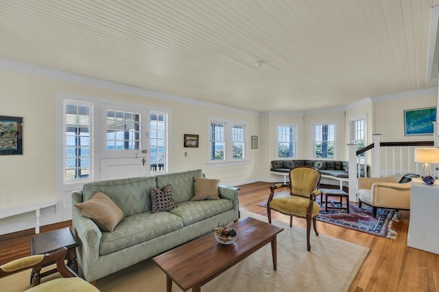 living room featuring wood finished floors and ornamental molding