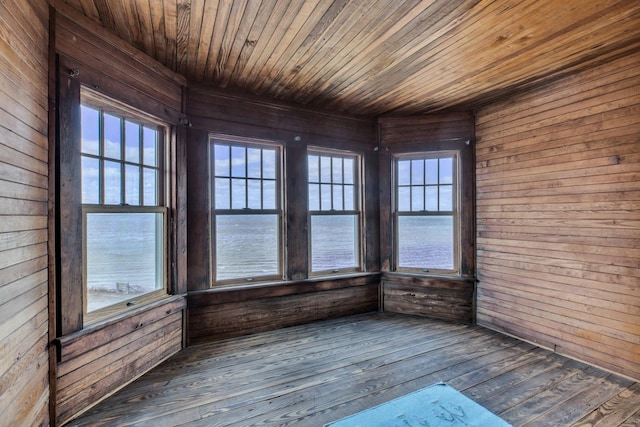 unfurnished sunroom with plenty of natural light and wood ceiling