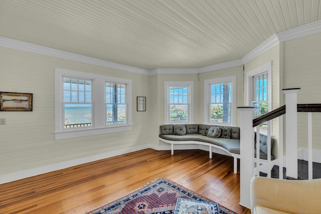 140 Newtown Rd, Hampton Bays, NY 11946 - living area with wooden ceiling, crown molding, baseboards, and wood finished floors