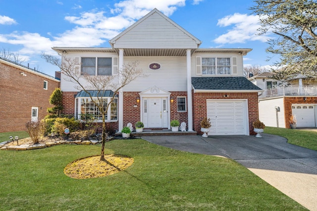 view of front of home with a garage, concrete driveway, brick siding, and a front yard