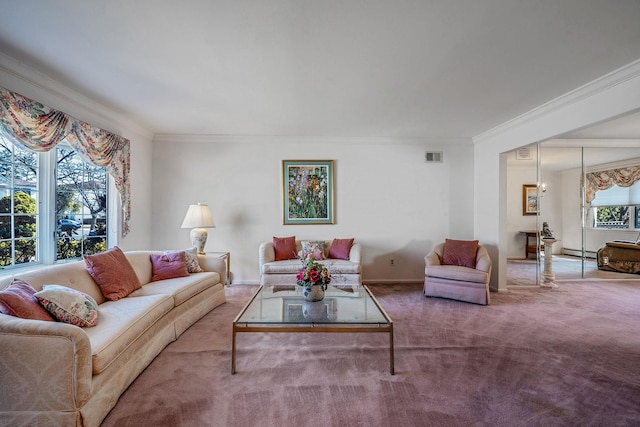 carpeted living area with visible vents and crown molding