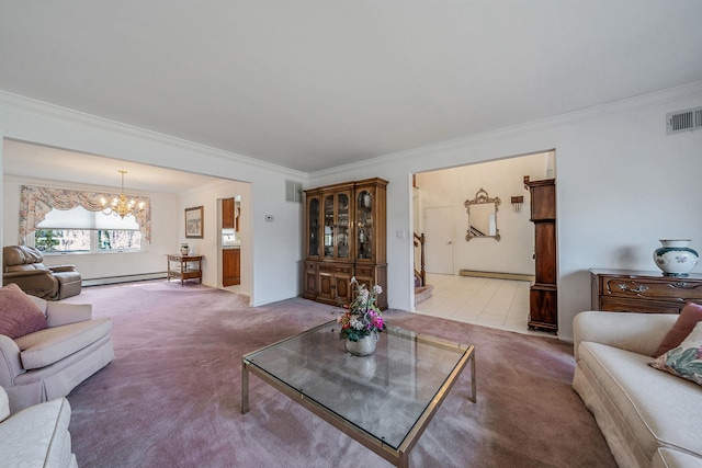 living room with a chandelier, baseboard heating, carpet, and visible vents