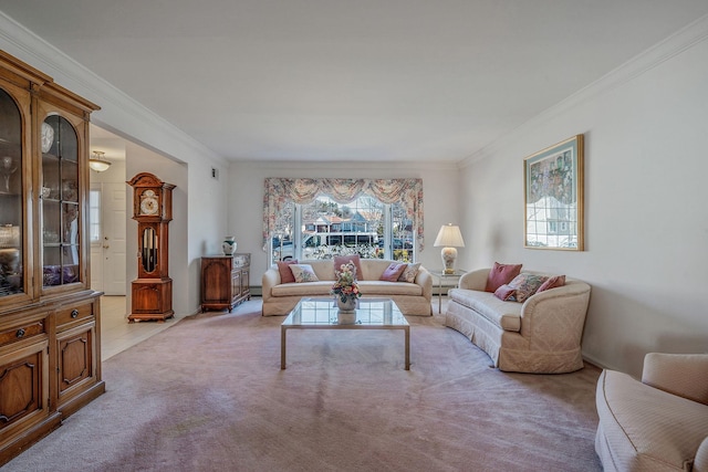 living area featuring ornamental molding and light colored carpet