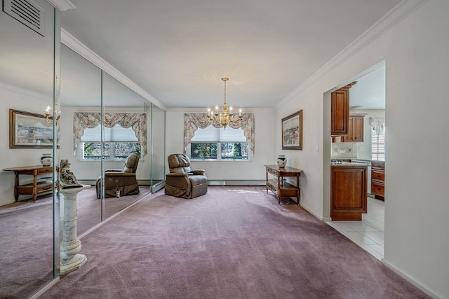 unfurnished room featuring crown molding, a notable chandelier, light tile patterned floors, visible vents, and light carpet