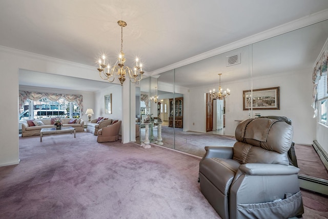 living room featuring carpet floors, crown molding, visible vents, baseboard heating, and a chandelier