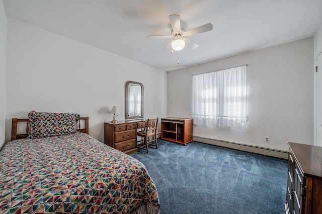 carpeted bedroom featuring a baseboard radiator and ceiling fan