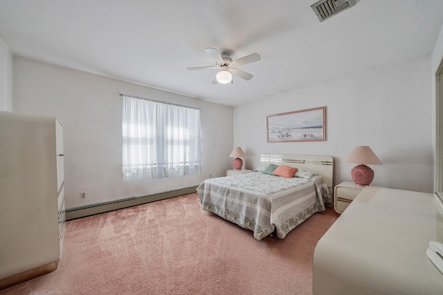 carpeted bedroom with a ceiling fan, a baseboard radiator, and visible vents