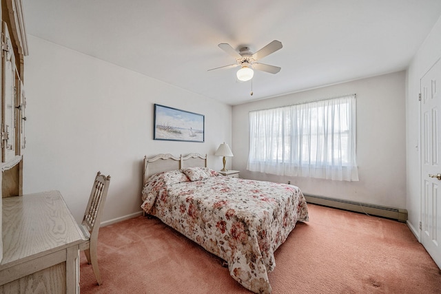 bedroom with a baseboard radiator, light colored carpet, ceiling fan, and baseboards