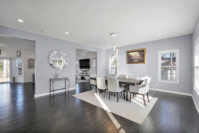 dining area with baseboards, plenty of natural light, and dark wood-type flooring