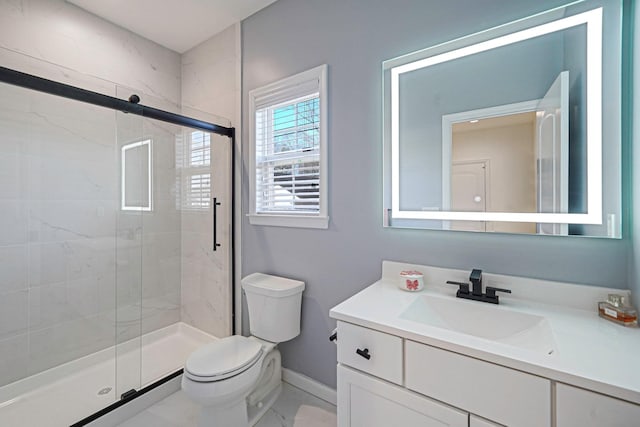 full bath featuring vanity, baseboards, a stall shower, toilet, and marble finish floor