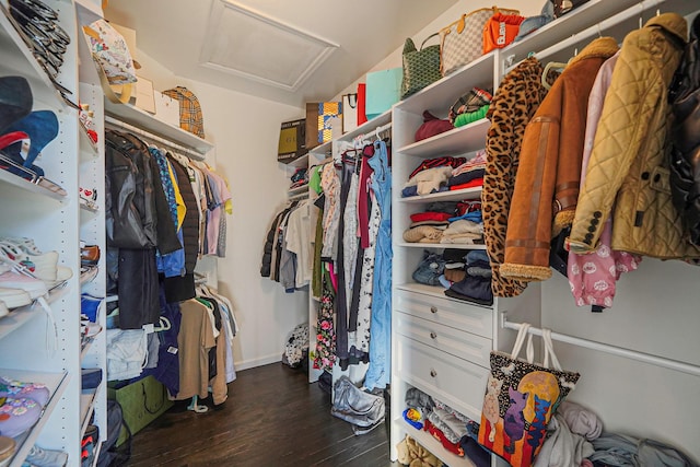 spacious closet featuring attic access and wood finished floors