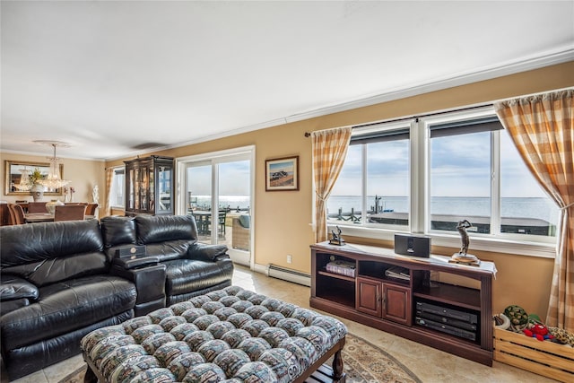 living room with a baseboard heating unit, plenty of natural light, ornamental molding, and light tile patterned flooring