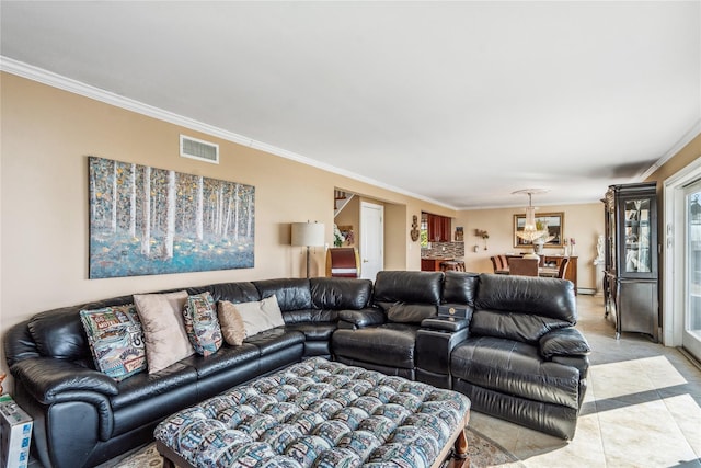 living room featuring visible vents and crown molding