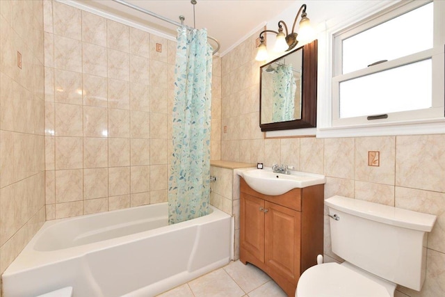 bathroom with toilet, tile patterned flooring, shower / bathtub combination with curtain, and tile walls