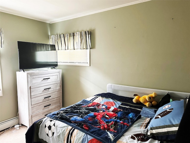 bedroom featuring carpet, crown molding, and baseboard heating