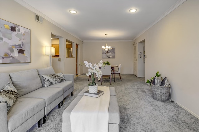 living area with light colored carpet, visible vents, baseboards, ornamental molding, and an inviting chandelier