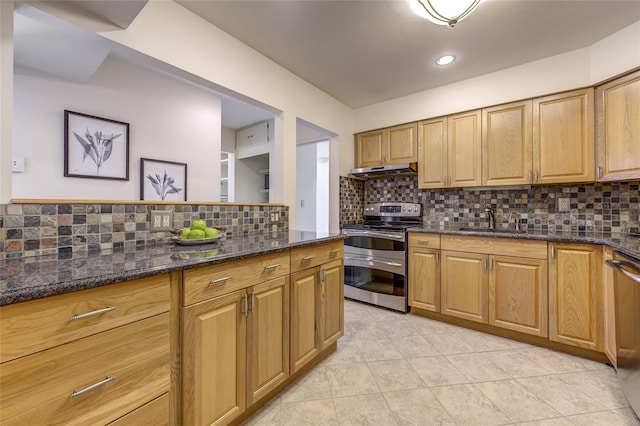 kitchen featuring tasteful backsplash, appliances with stainless steel finishes, dark stone countertops, under cabinet range hood, and a sink