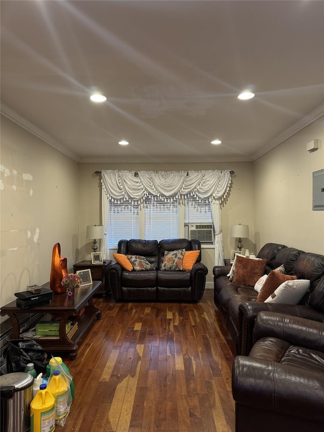 living area featuring cooling unit, recessed lighting, ornamental molding, plenty of natural light, and dark wood finished floors