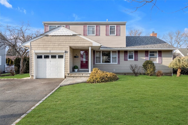 traditional-style home featuring a shingled roof, a front yard, a chimney, driveway, and an attached garage