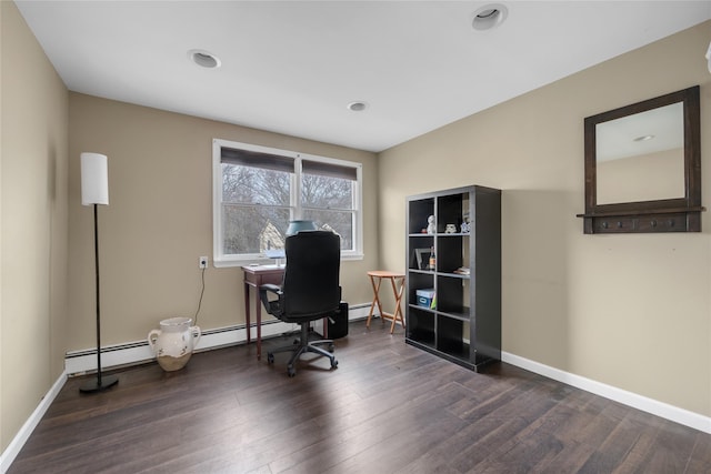 office area featuring a baseboard heating unit, baseboards, and dark wood-style flooring