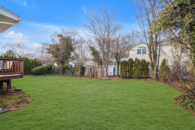 view of yard with fence and a wooden deck