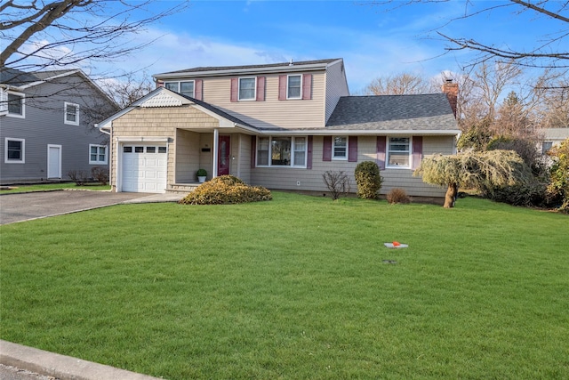 traditional home featuring a front yard, roof with shingles, a chimney, a garage, and driveway