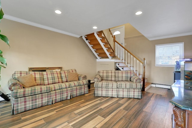 living area with recessed lighting, stairway, a baseboard heating unit, ornamental molding, and wood finished floors