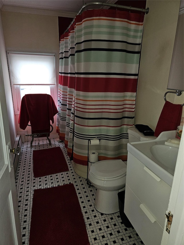 full bath with a shower with shower curtain, vanity, toilet, and tile patterned floors