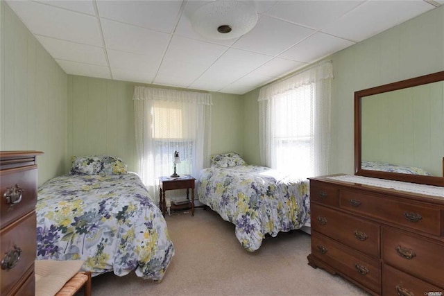 bedroom featuring a paneled ceiling, multiple windows, and light carpet