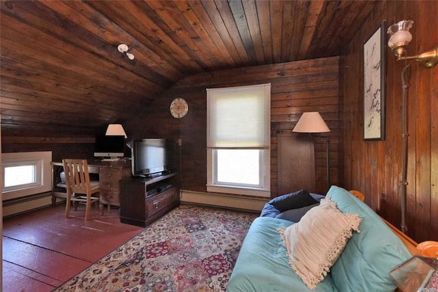 living room with wood ceiling, wooden walls, a baseboard heating unit, and hardwood / wood-style floors